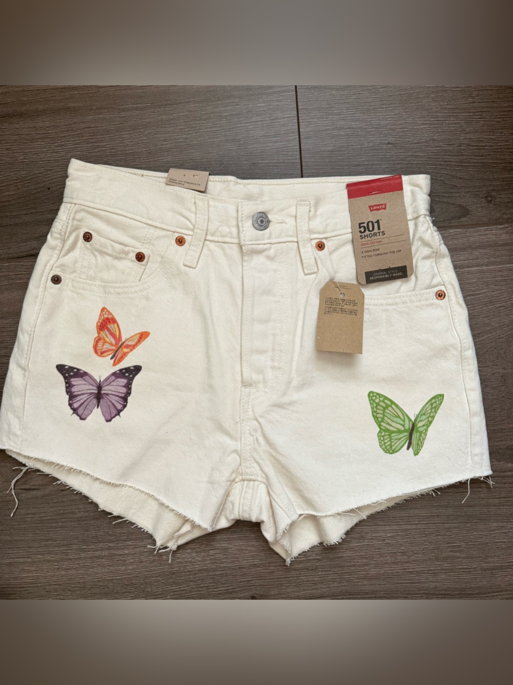 Levi's Cream Denim Shorts with Purple, Orange & Green Butterfly Prints